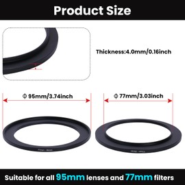 Metal Step Up Ring Filter Adapter - 77mm to 95mm - Metal Ring Step Up Rings Adapter Filter Compatible with All 95mm UV, CPL, ND, Lens Hood, Threaded Lens ect