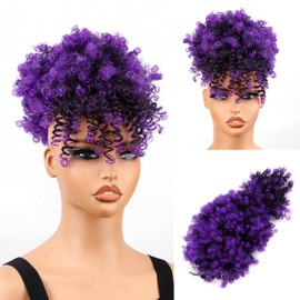 builson Drawstring Ponytail for Black Women, Afro Puff Kinky Curly Hair Ponytail Extension with Bangs Purple Updo Natural Hair Ponytail (PURPLE)
