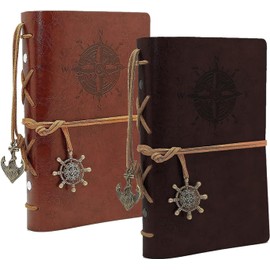 BetterJonny 2 Pack Leather Notebook A7, Retro Leather Notebook Vintage Spiral Bound Diary Refillable Diary Travel Diary Sketchbook for Men and Women, Coffee and Brown