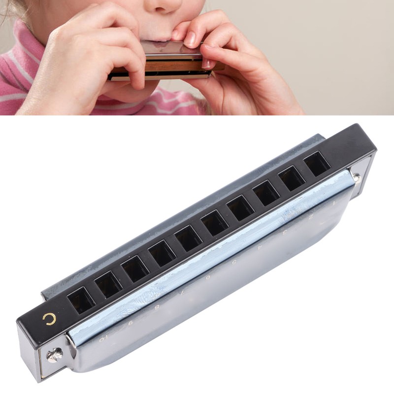 Black Harmonica C Key 10 Hole Blue Harp Stainless Steel