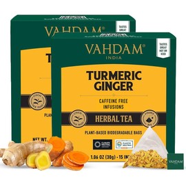 VAHDAM, Turmeric Ginger Herbal Tea Bags (30 Pyramid Tea Bags) Caffeine Free, Non GMO, Gluten Free | 100% Pure Herbal Blend - Savory & Spicy | Individually Wrapped Pyramid Tea Bags | Direct from Source