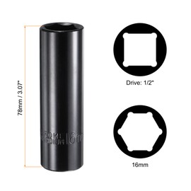 QUARKZMAN 1/2 Inch Drive 6 Point Socket Spanner 16 mm Metric Deep Impact Wrench Socket Spanner Chrome Vanadium Alloy Steel Square Drive 6 Point Socket Spanner Black Glossy