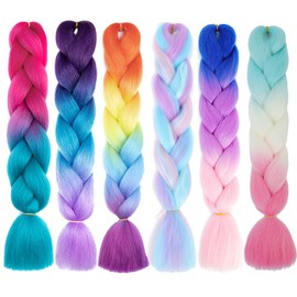 Braiding Hair,24 Inch 6 Packs Rainbow Braiding Hair Extensions for Women Girl Ombre Synthetic High Temperature Colorful Jumbo Braid Hair for Crochet Braids