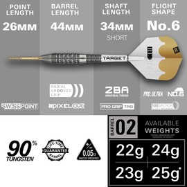 Target Darts Redux 90% Tungsten Swiss Point Steel Point Dart Set (Barrel 02), 23g | Pro Ultra No. 6 Flights and Pro Grip Tag Shafts, Gold DX Points and SP Tool Included