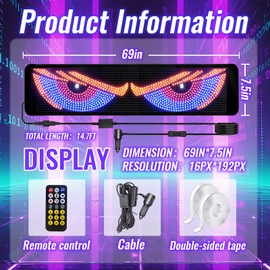 wonhag Ojos LED para Carro: 69"x7.5" Extra Large LED Eyes for Truck Windshield, Customizable Devil Eyes Light for Windshield, Flexible Car Eye Animated Display with App & Remote Control