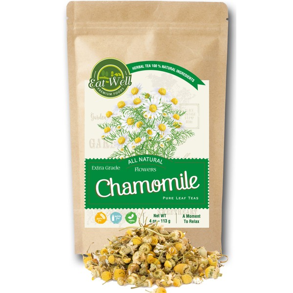 Eat Well Chamomile Flowers - 4 oz | Chamomile Tea Loose Leaf | Dried Chamomile | Edible Culinary Camomile Herb for Drinking & Cooking | Versatile Chamomile Dried Herbs and Flowers | Resealable Bag