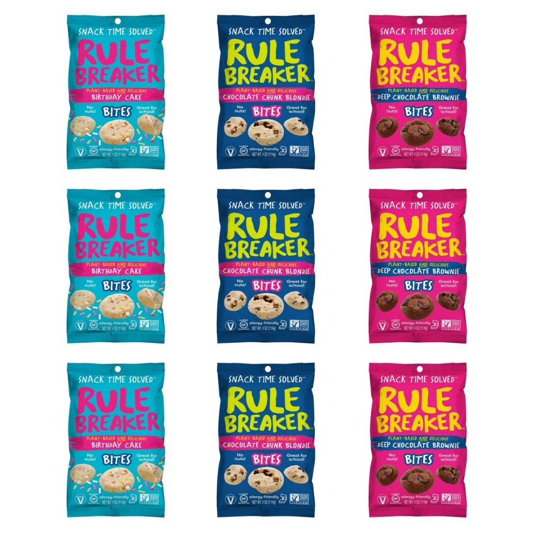Rule Breaker Snacks, Flavor-Full Bites Sampler with Birthday Cake, Blondie and Brownie Bites, Vegan, Gluten Free, Nut Free, Allergy Friendly, Kosher (6 pack)