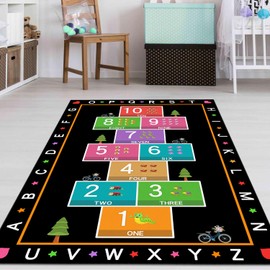 YLZLDKH Hopscotch Play Rug Carpet for Kids, ABC Alphabet Number Educational Rug, Children's Counting Game Mat for Playroom, Classroom, Bedroom and Nursery (Black, 47x71 in)