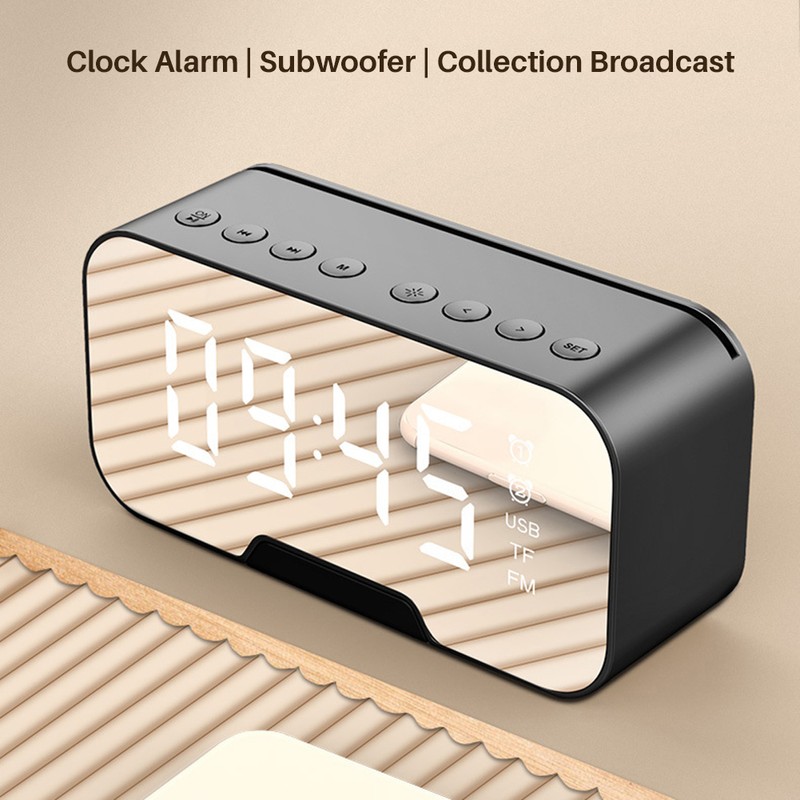 Bedside Desktop Bluetooth Mirror Surface LED Alarm Clock Speaker FM