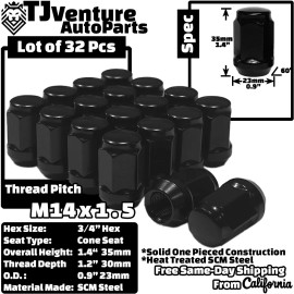 TJ 32x Black 1.4" Tall 14x1.5 Acorn Lug Nut 3/4" Hex Fit Ford F250 F350 Super Duty