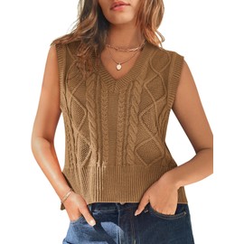 Cropped Sweater Vest Women V-Neck Knit Tank Tops Solid Color Argyle Plaid Preppy Style Sleeveless Crop Knit Vest Khaki M