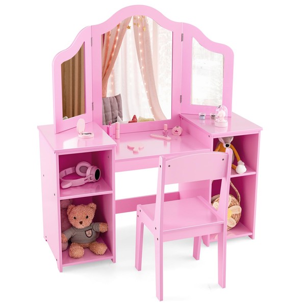 DREAMADE 2 in 1 Dressing Table for Children Girls with Stool, Princess Makeup Table with Removable Triptych Mirror, 4 Open Shelves (Pink+Stool)