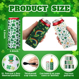 Pickmesh 16 Pcs St. Patrick's Day Can Cooler Sleeves 12oz Green Shamrock Can Cover Neoprene Bottle Holder Lucky Insulated Drink Cover for Beverage Irish Holiday Bachelorette Party Supplies(Slim)