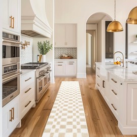 EVERGRACE Checkered Plaid Area Rug 2x10, Soft Fuzzy Faux Wool Rugs Washable Anti Slip Rugs Long Runner Rug Carpet for Entryway Bedroom Living Room Hallway Kitchen Dining Room and Laundry Room, Beige