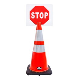 Troy-Safety 28" Orange Safety Cone, Black Base with Two Reflective Tape, Plus Cone Sign 20"Stop", (Cone-2 ea + Cone Sign-2 ea)