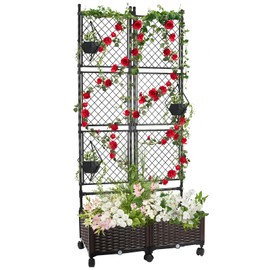 Kalolary 70 Inch Raised Garden Bed with Metal Trellis, Large Plastic Planter Box with Drainage Hole on Wheels Tomato Planters Climbing Trellis Outdoor Indoor for Climbing Plants Vegetable Flowers Vine