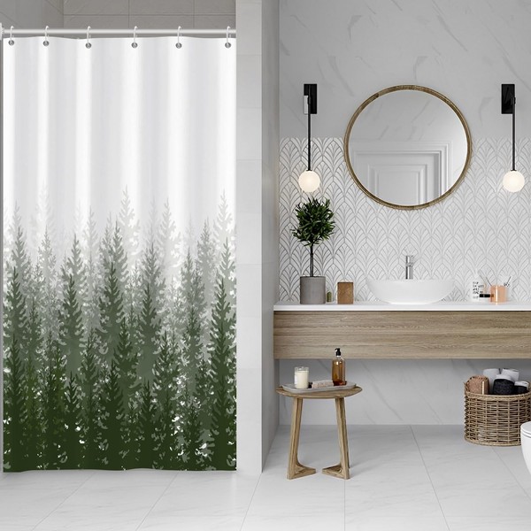 Leowefowa Forest Shower Curtain Green Misty Foggy Pine Trees Nature