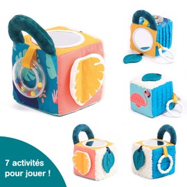 LUDI Jungle Awakening Cube Made of Soft Fabric - Baby Toy - From 3 Months - Develops Touch, Fine Motor Skills and Wellbeing - Numerous Textures and Activities - Leaf Pattern