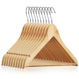 Casafield - 10 Natural Wooden Suit Hangers - Premium Lotus Wood with Notches & Chrome Swivel Hook for Dress Clothes, Coats, Jackets, Pants, Shirts, Skirts
