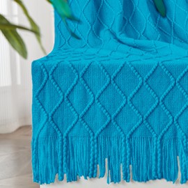 inhand Teal Throw Blanket for Couch and Bed, Soft Living Room Home Decor Knitted Blanket with Tassel, Outdoor Lightweight Breathable Summer Blanket, Farmhouse Warm Woven Decorative, 50"x60"