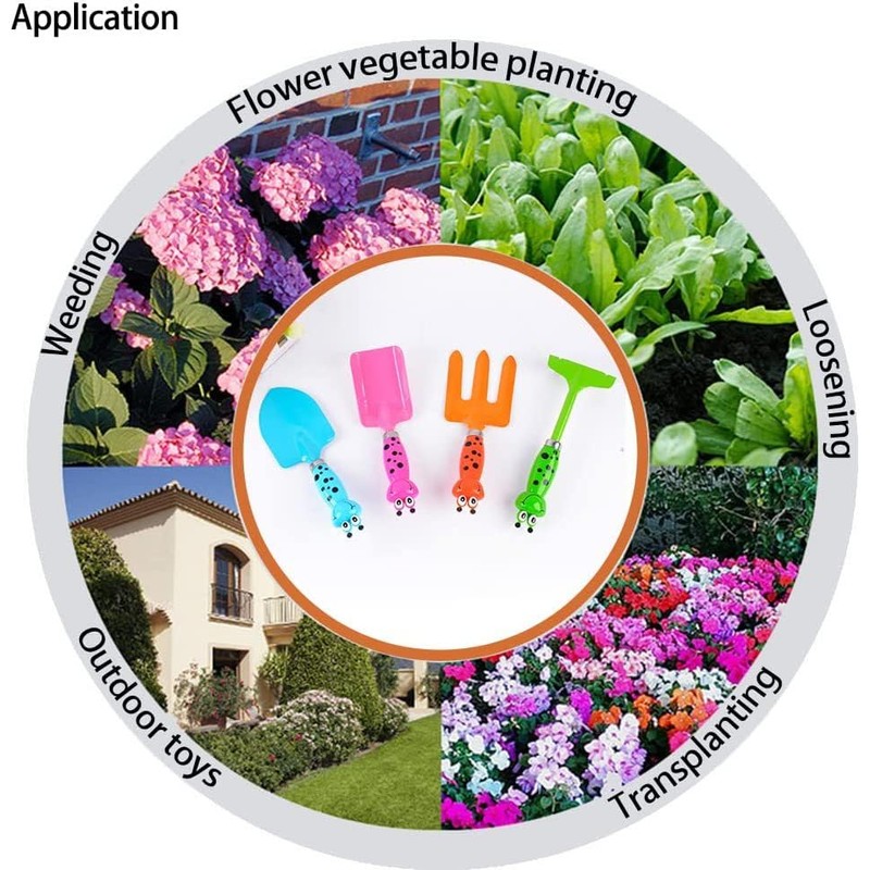 Garden Tool Set, 4-Piece Cartoon Animal Design, Includes Rake, Fork,