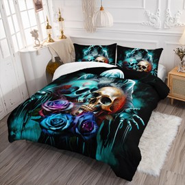 AILONEN 3D Skull Comforter Set Full Size, Boho Reaper Grim with Skeleton Bedding Set for Girls,Women,Oil Rose Duvet Set,3-Piece,1 Quilt + 2 Pillowcases,Soft Microfibre,All Season