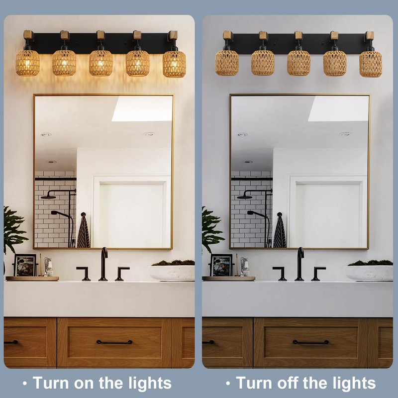 5 Light Bathroom Vanity Light Fixtures, Rustic Style Wood Bathroom