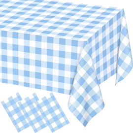 Light Blue Checkered Tablecloth, 54 ×108 Inches Rectangle Blue Disposable Plastic Waterproof Table Cover for Outdoor Picnic, Kitchen, Holiday Birthday Party (3 Pcs)