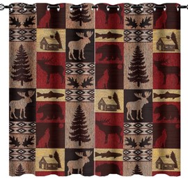 INSFBRB Rustic Cabin Blackout Curtains for Bedroom,Vintage Farmhouse Hunting Theme Moose Bear Elk Tree Plaid Room Darkening Window Curtains with Grommets - 2 Panels 84L x 42W