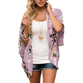 Jiuhexuj Womens Kimono Cardigans Boho Floral Print Chiffon Cardigan Blouse Top Beach Outwear (Pink, S)