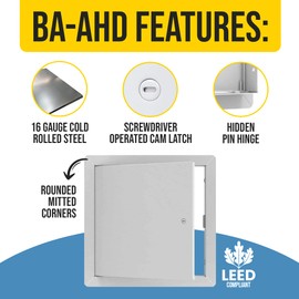 BEST BA-AHD 12" x 18" Metal Access Panel with Concealed Pin Hinge, LEED Compliant 16-Gauge Steel Access Door for Non-Rated Drywall/Ceilings, White Drywall Panel with Rounded Corners, Screwdriver Latch