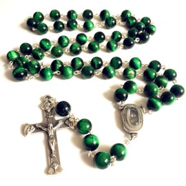 elegantmedical HANDMADE 10MM green Tiger Eye Bead Rosary CROSS catholic necklace Lourdes Water medal