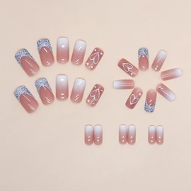 24Pcs Valentine's Day Press on Nails Medium Length French Tip Press on Nails Glossy Pink Fake Nails with Exquisite Rhinestone Heart Design French Gradient False Nails Reusable Glue on Nails for Women