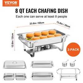 VEVOR Chafing Dish Buffet Set, 8 Qt 2 Pack, Stainless Steel Chafer with 2 Full Size Pans, Rectangle Catering Warmer Server with Glass Lid Water Pan Folding Stand Fuel Holder, for Wedding Party Banquet