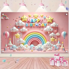Cute Cloud Rainbow Theme Happy Birthday Backdrop Banner Party Decoration Birthday Banner Birthday Background