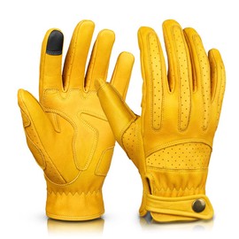 OZERO Motorcycle Gloves, Spring, Autumn, Summer, Smartphone Compatible, Leather Gloves (Goat Leather), Motorcycle, Airsoft Bicycle, Outdoor, Breathable, Anti-slip, Men's, Women's, (L, Yellow)