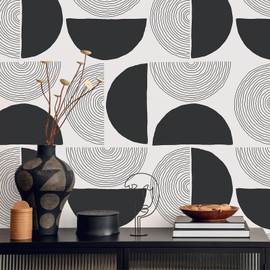 VEELIKE Black Geometric Peel and Stick Wallpaper Mid Century Modern Geometric Wallpaper for Bedroom Bathroom Accent Wall 17.7''x118'' Removable Adhesive Art Wall Décor Contact Paper for Cabinets Walls