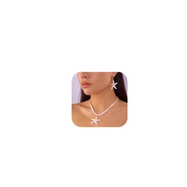 Summer White Rope Chain Starfish Pendant Necklace Earrings Sets Bikini Multi-layered Clavicle Chain Necklace Crystal Big Starfish Earrings for Women (White)