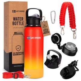 LUFT SWEDEN Reusable Insulated Water Bottle Stainless Steel - 32 Oz, Leakproof Double Wall Insulated Water Bottle with Straw Lid, Dishwasher Safe Red & Orange Metal Gym Bottle for Cold Drinks