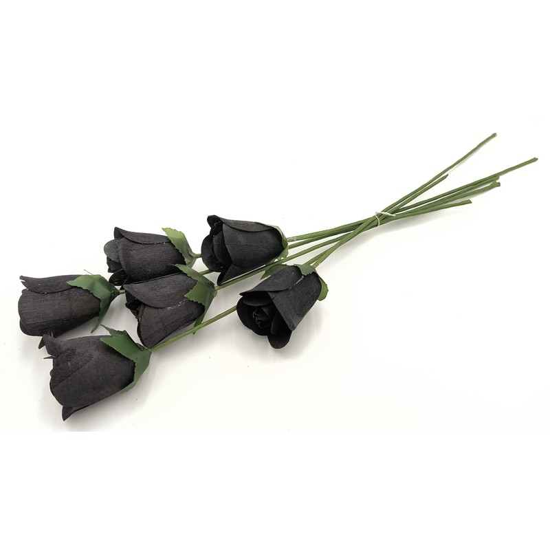 6 Black Half Open Bud Wooden Roses for Crafts Custom