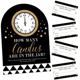 Big Dot of Happiness New Year’s Eve - Gold - How Many Candies New Years Eve Party Game - 1 Stand and 40 Cards - Candy Guessing Game