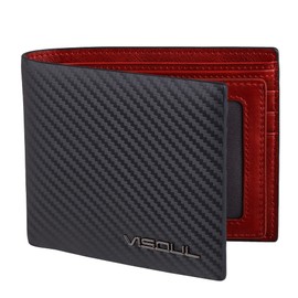 VISOUL Men's Bi-fold Wallet, Genuine Leather, Card Coin Purse, Photo Pocket, License Holder, Cowhide Leather, carbon leather black.red