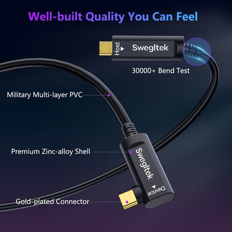 Fiber Optic USB C Cable Right Angle(50ft),10Gbps High Speed Data