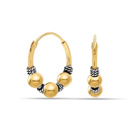 LeCalla 925 Sterling Silver Two-Tone Beaded Bohemian Bali Tribal Endless Hoop Earrings for Teen Women 15mm