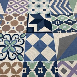 Kt KILOtela Printed Linen Fabric Sold by the Metre – Width 280 cm – Choice of Length 50 in 50 cm, Touch Tiles – Blue