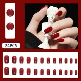 Red Press on Nails Medium,Nails Press on Solid Colour Square Fake/False Nails with Press ons Designs Acrylic Press on Nails Gloss Artificial Nails Stick on Nails for Women 24pcs
