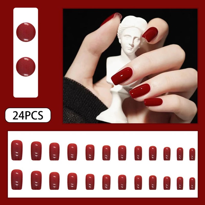Red Press on Nails Medium,Nails Press on Solid Colour Square