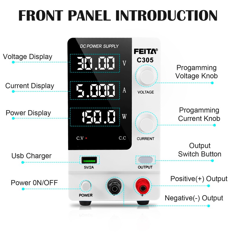 FEITA DC Power Supply Variable, 30V 5A Adjustable High Precision