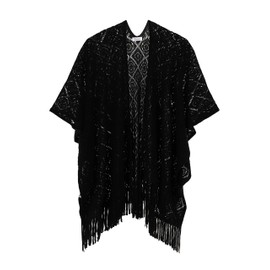 Knit Shawl Wrap for Women - Soul Young Ladies Fringe Knitted Poncho Cardigan Cape(One Size,Black Block)