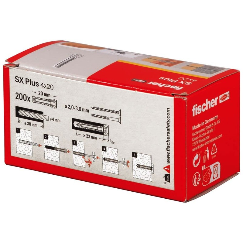 fischer 568004 SX Plus Expansion Wall Plug, 4mm x 20mm,